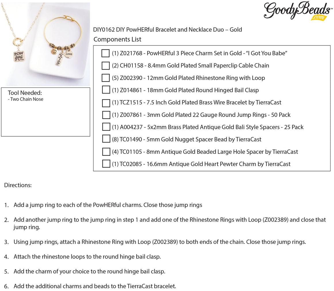 INSTRUCTIONS for DIY PowHERful Bracelet and Necklace Duo - Gold - Goody Beads