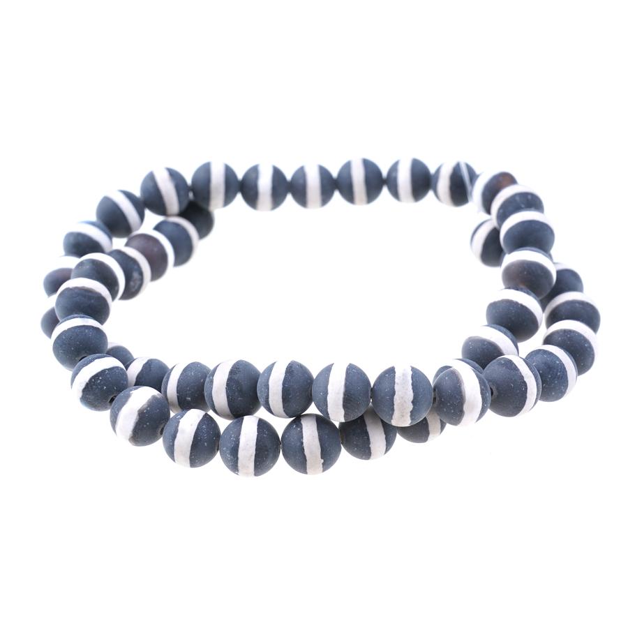 MATTE BLACK DZI Agate 8mm Line Pattern 15-16"