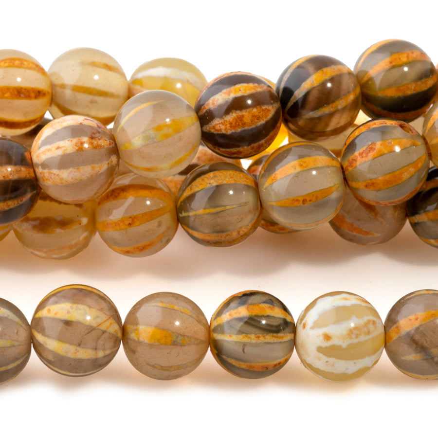 DZI Agate 8mm Round Watermelon Yellow - 15-16 Inch