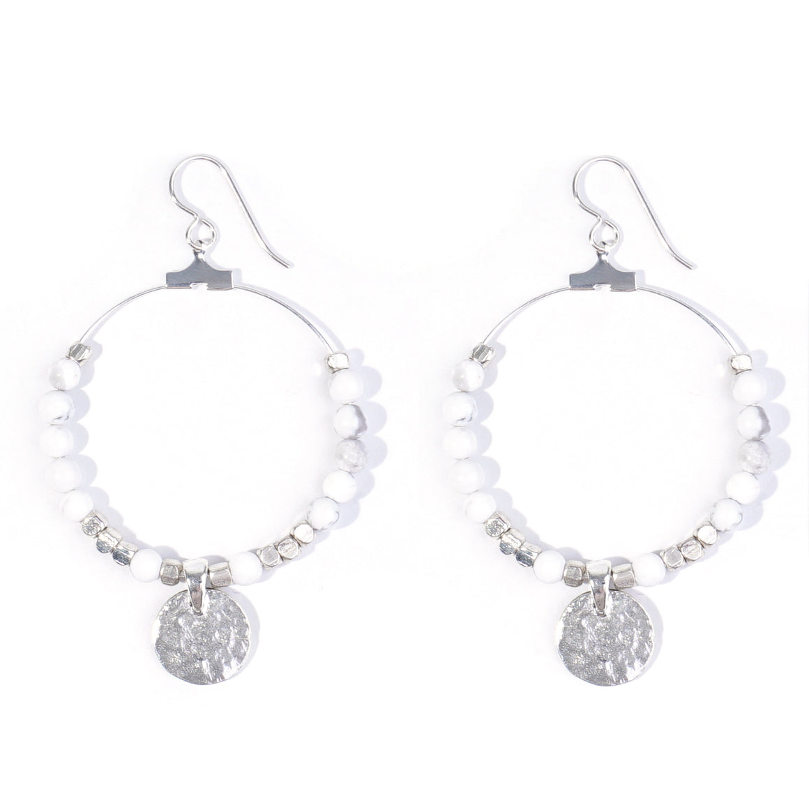 Gemstone & Coin Drop Earrings  - White Howlite / Silver - Goody Beads