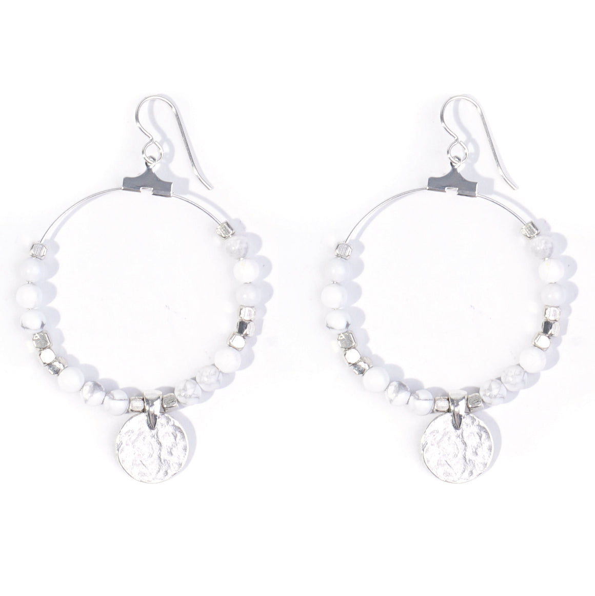 Gemstone & Coin Drop Earrings  - White Howlite / Silver - Goody Beads