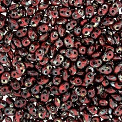 DU0593200-43400  Coral Red Picasso SuperDuo Two Hole Czech Seed Beads Tube - Goody Beads