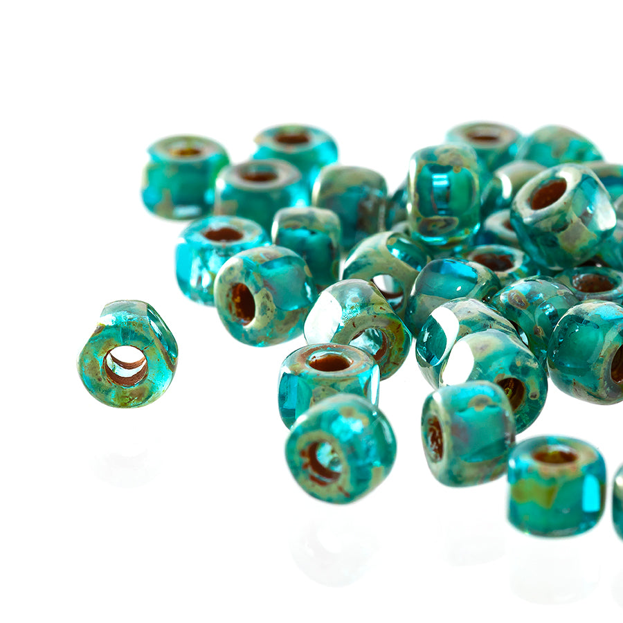 Matubo 3 Cut 6/0 Czech Glass Seed Beads in Aquamarine Picasso 393-06-T6002 - 1 Tube - Goody Beads