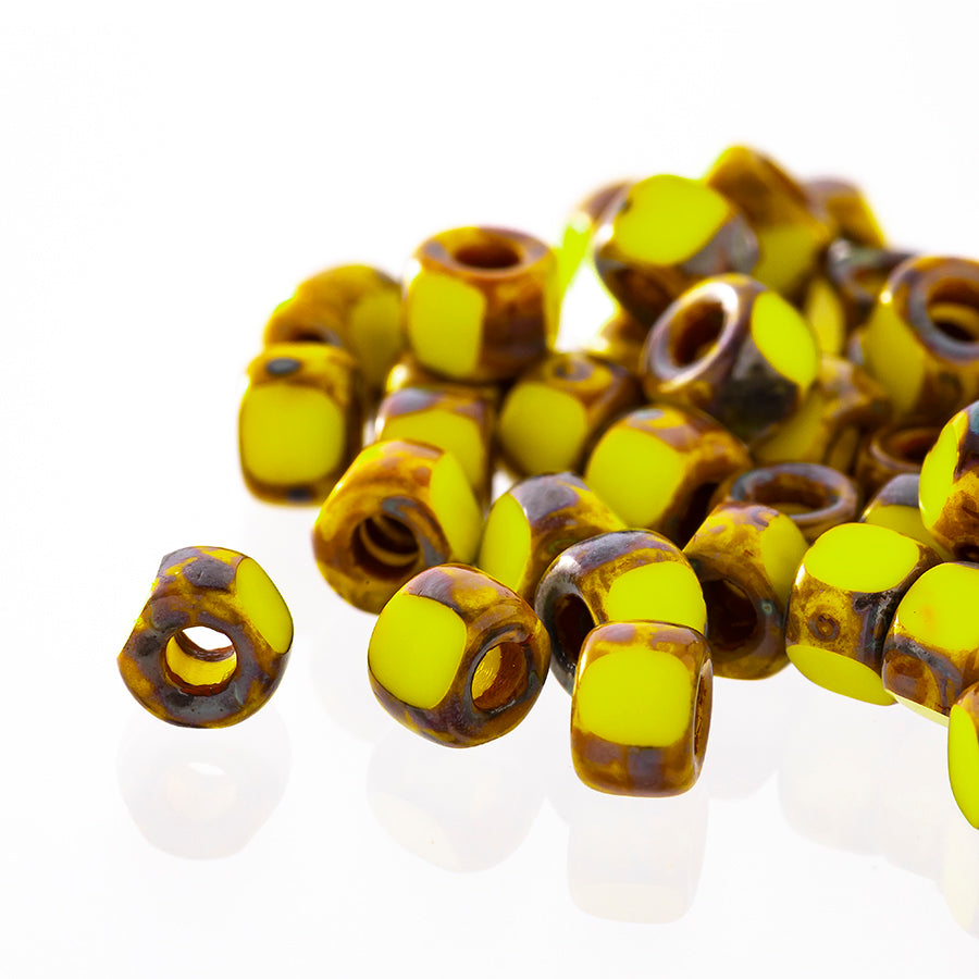 Matubo 3 Cut 6/0 Czech Glass Seed Beads in Opaque Yellow Picasso 393-06-T8312 - 1 Tube - Goody Beads