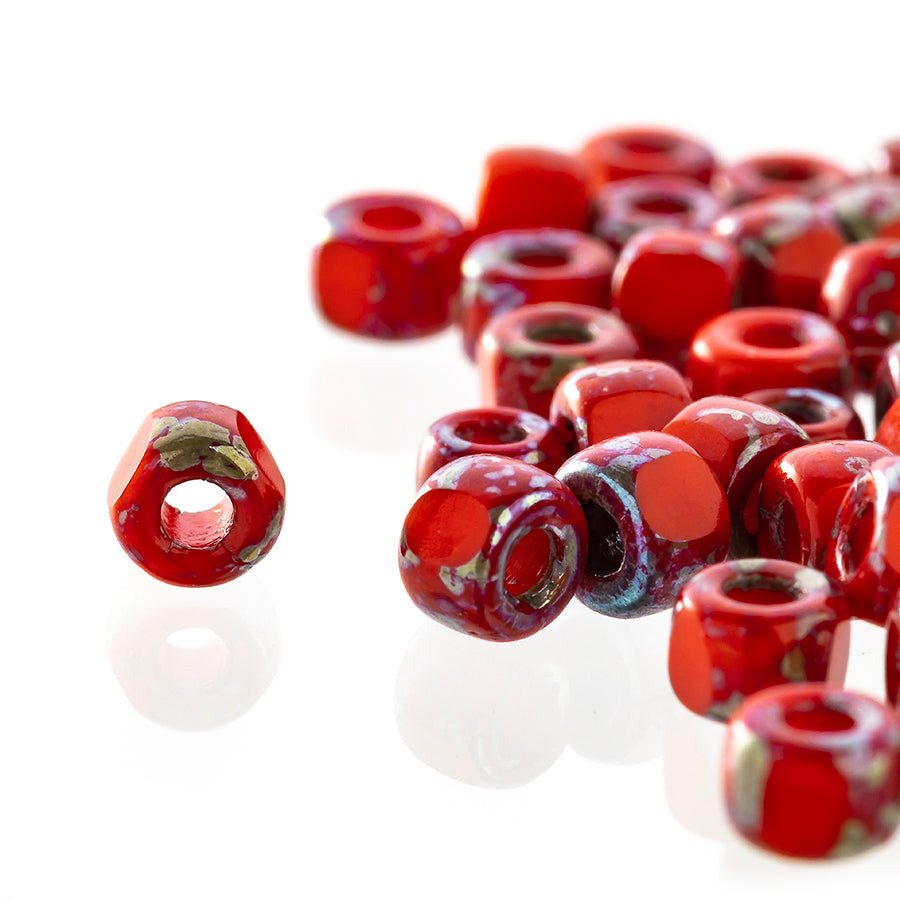 Matubo 3 Cut 6/0 Czech Glass Seed Beads in Opaque Red-Silver Picasso 393-06-TE9320 - 1 Tube - Goody Beads