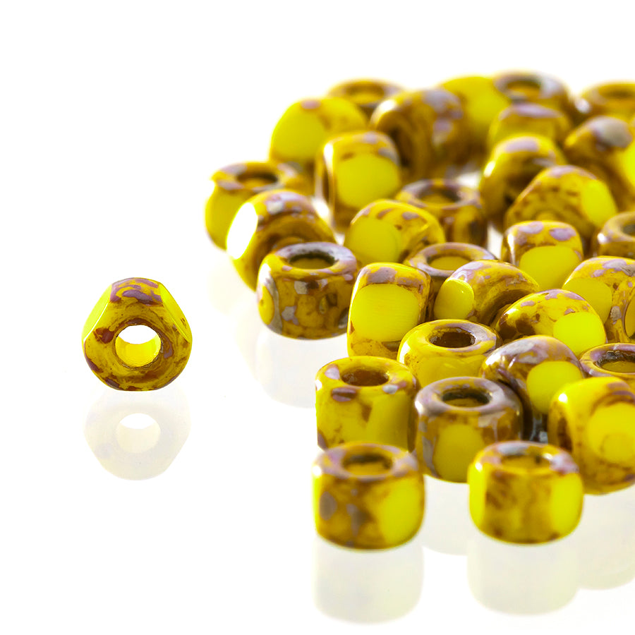 Matubo 3 Cut 6/0 Czech Glass Seed Beads in Opaque Yellow - Silver Picasso 393-06-TE8312 - 1 Tube - Goody Beads