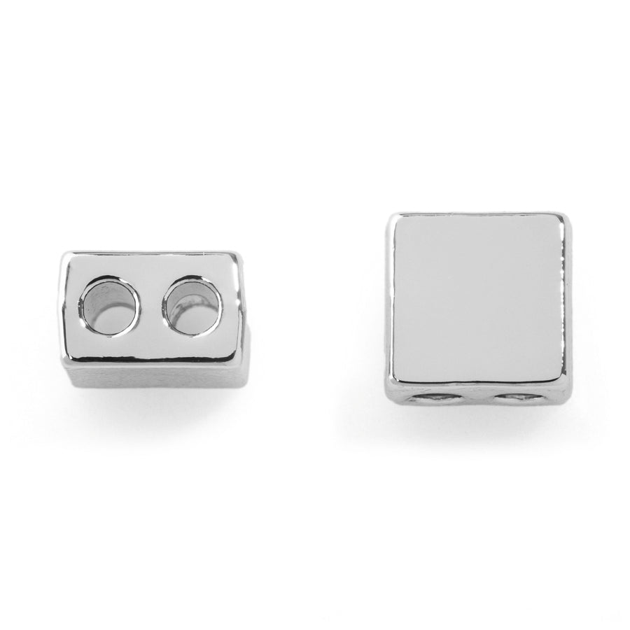 6mm Shiny Square Two-Hole Bead - Rhodium Plated (5 Pieces)