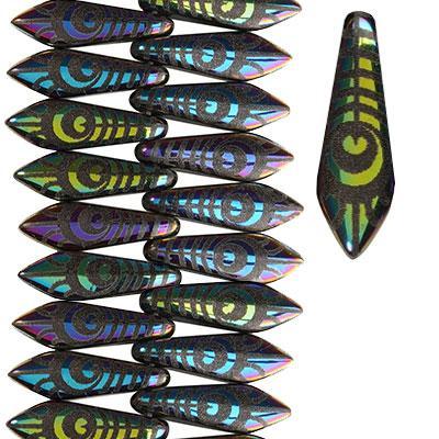 16x5mm Rainbow Finish with Laser Etched Peacock Feather Design Czech Glass  Dagger Beads