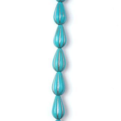 13mm Turquoise Fluted Drop Czech Glass Beads from Raven's Journey - Goody Beads