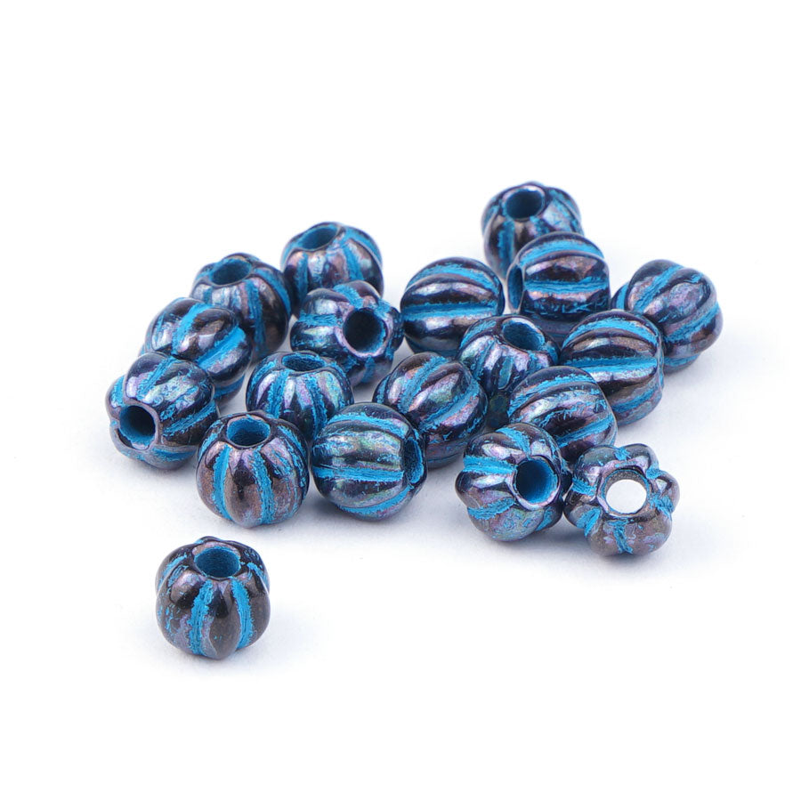 8mm Melon Black with Bronze Finish and Turquoise Wash Large Hole Czech Glass Beads - Goody Beads