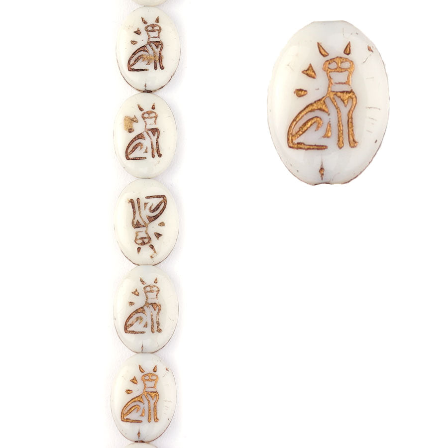 16x12mm Ivory Opaque with Dark Bronze Wash Egyptian Cat Czech Glass Oval Beads from Raven's Journey - Goody Beads