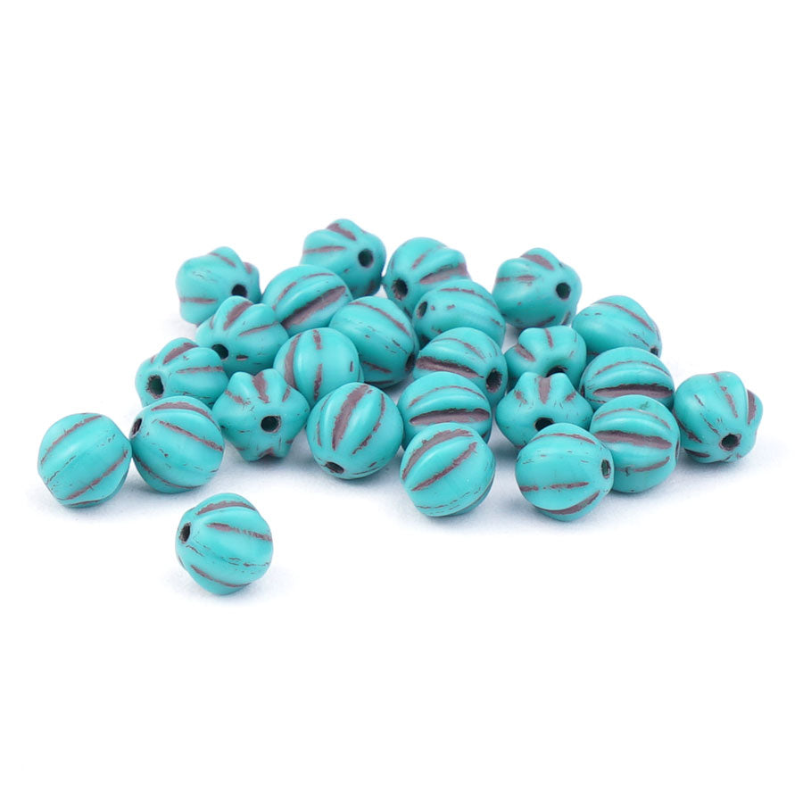 6mm Melon Matte Turquoise with Brown Wash Czech Glass Beads - Goody Beads