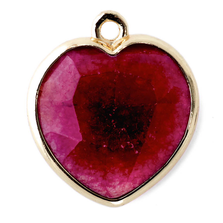 17x19mm Gold Plated Faceted Gemstone Heart Charm/Pendant - Magenta (Dyed) New Jade