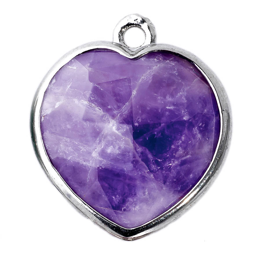 17x19mm Silver Plated Faceted Gemstone Heart Charm/Pendant - Amethyst