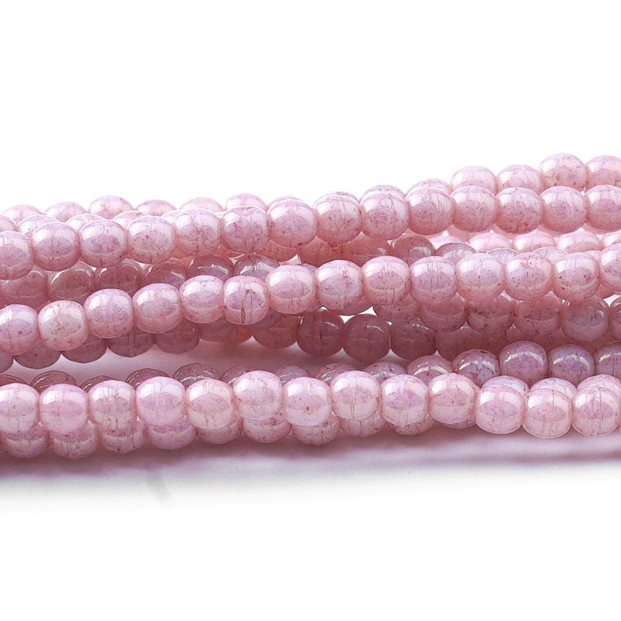 3mm Luster Opaque Topaz/Pink Druk Czech Round Glass Beads - Goody Beads