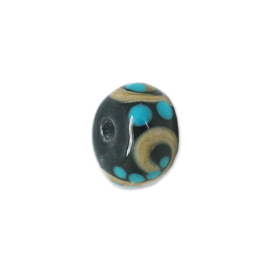 14mm Black with Tan Swirl and Blue Dots Rondelle Lampwork Beads - Goody Beads