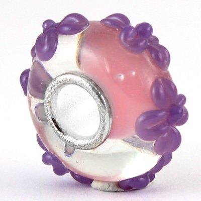 13mm Light Pink with Purple Flowers Rondelle Large Metal Hole Glass Beads - Goody Beads