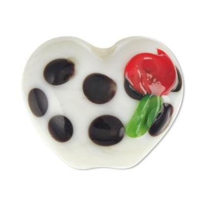 18mm Heart Shaped White Lampwork Glass Bead with Black Spots and Rose - Goody Beads