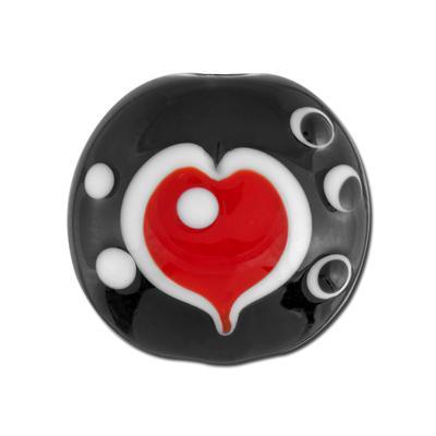 17mm Red Heart on Black Disc Glass Lampwork Bead - Goody Beads