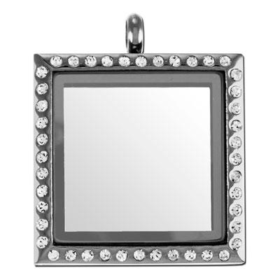 30mm Square Silver with Rhinestones Stainless Steel Glass Locket