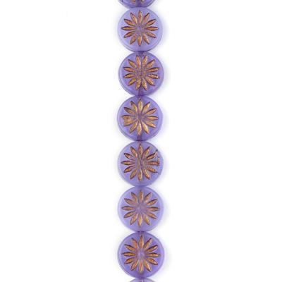 12mm Opaque Purple with Bronze Wash Aster Flower Coin Czech Glass Beads from Raven's Journey - Goody Beads