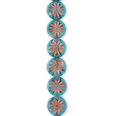 12mm Transparent Teal with Dark Copper Wash Aster Flower Coin Czech Glass Beads from Raven's Journey