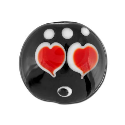 17mm Two Red Hearts on Black Disc Glass Lampwork Bead - Goody Beads