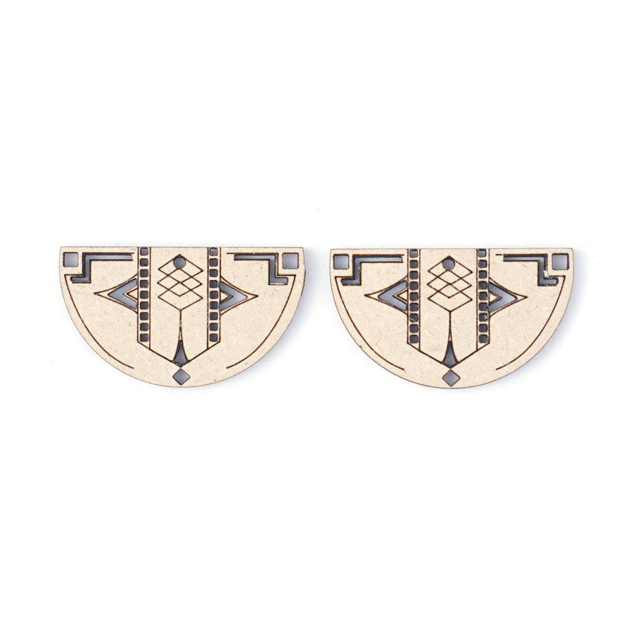 40x24mm Half Circle with Geometric Cutout Design Draftboard Wood Component/Connector Set - Goody Beads
