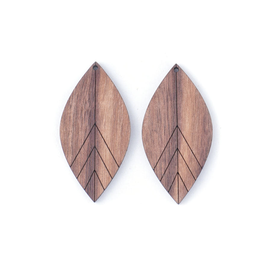 50x25mm Pointed Oval Deco Leaf Design Walnut Wood Component Set - Goody Beads