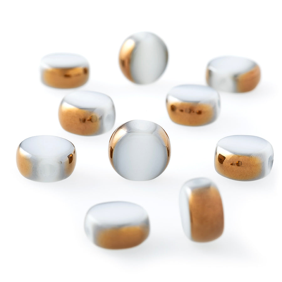 8mm White with Gold Plated Edge Coin Pressed Glass Beads (10 Pieces)