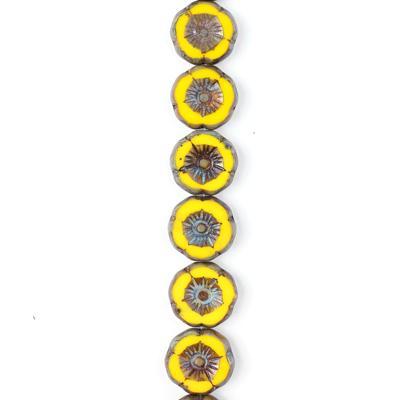 12mm Lemon Yellow Opaque with Picasso Finish Hibiscus Czech Glass Beads from Raven's Journey - Goody Beads