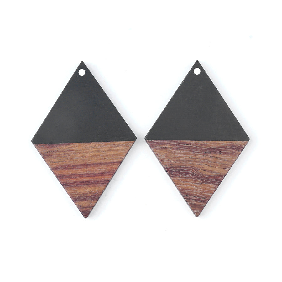 30x48mm Wood & Jet Resin Diamond Shape Focal Piece Pendant - 2 Pack - Goody Beads