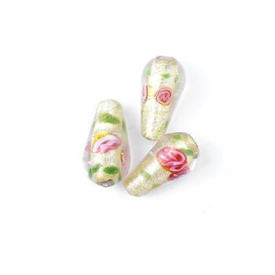 18mm Teardeop Gold Foil with Pink Roses Glass Beads - Goody Beads