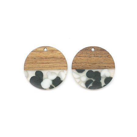 28mm Wood & Clear Resin with Black & White Dots Disc Focal Piece Pendant Charm - 2 Pack - Goody Beads