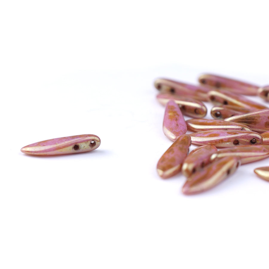 16mm Opaque Rose/Gold Topaz Luster CzechMates Two Hole Dagger Czech Glass Beads - Goody Beads