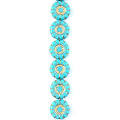 13mm Turquoise Green with Gold Flower Coin Czech Glass Beads from Raven's Journey - Goody Beads