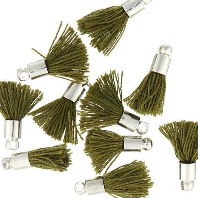 10mm Olive Green Fabric Tassel with Silver Cap - Goody Beads