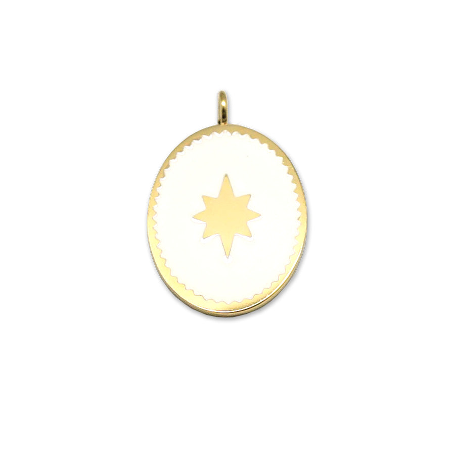 16mm White Enamel 14K Gold Plated Stainless Steel Oval Starburst Charm - Goody Beads