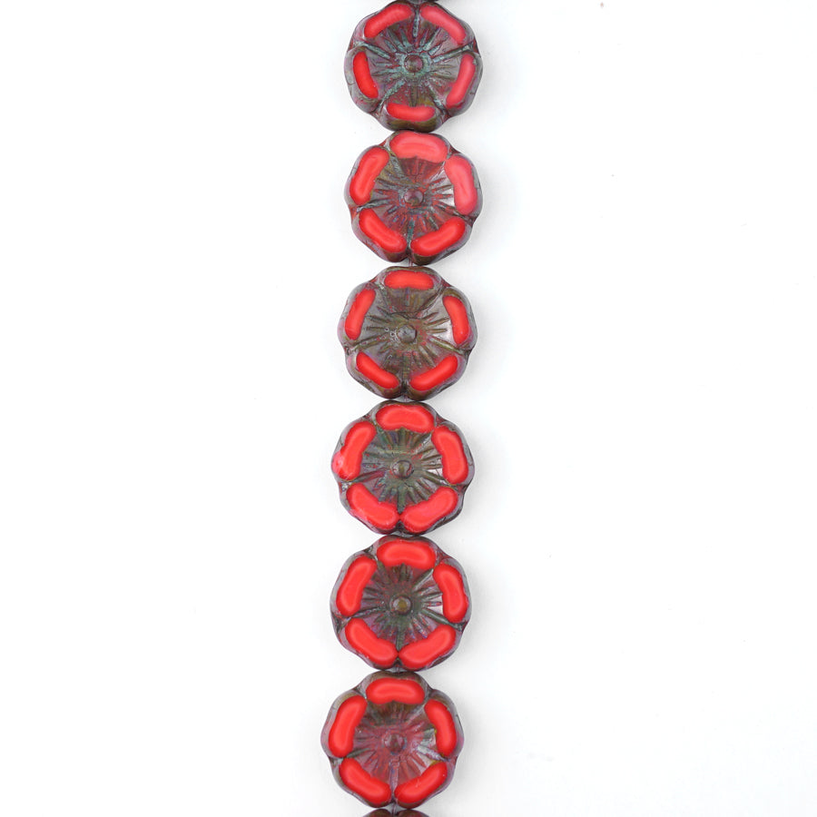 12mm Red Coral Opaque with Picasso Finish Hibiscus Flower Czech Glass Beads from Raven's Journey - Goody Beads