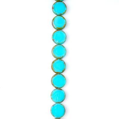 10mm Turquoise Silk with Picasso Finish Lentil Coin Czech Glass Beads from Raven's Journey - Goody Beads