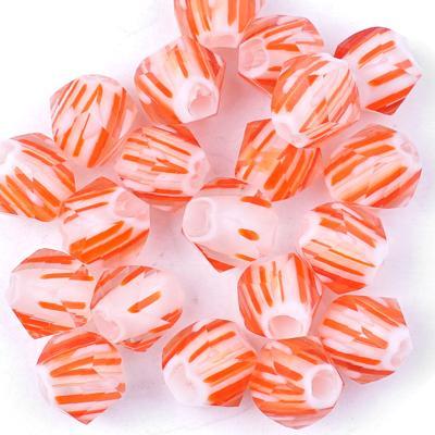 White with Lots of Orange Stripes Faceted Round Cane Glass Beads - Goody Beads