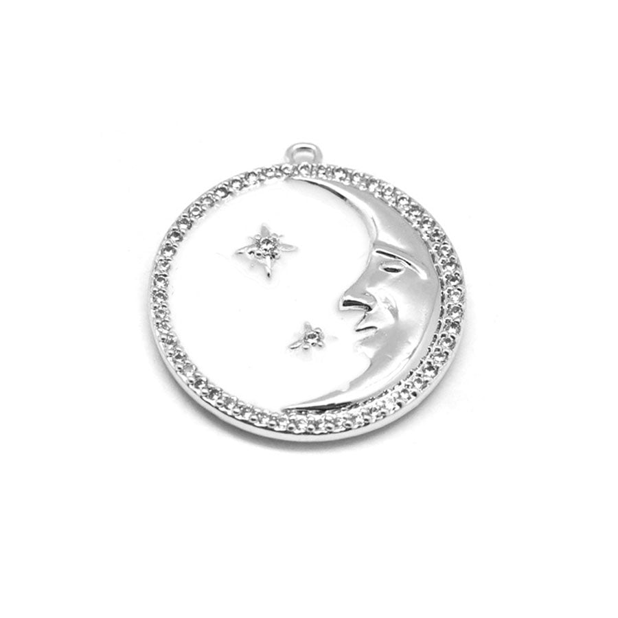 23mm Cream Enamel Rhodium Plated Round Man in the Moon Charm - Goody Beads