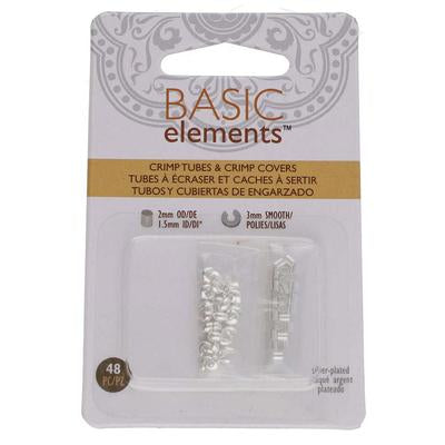 Basic Elements Silver Tone 2x2mm Crimp Tubes & 3mm Crimp Cover Set - Goody Beads