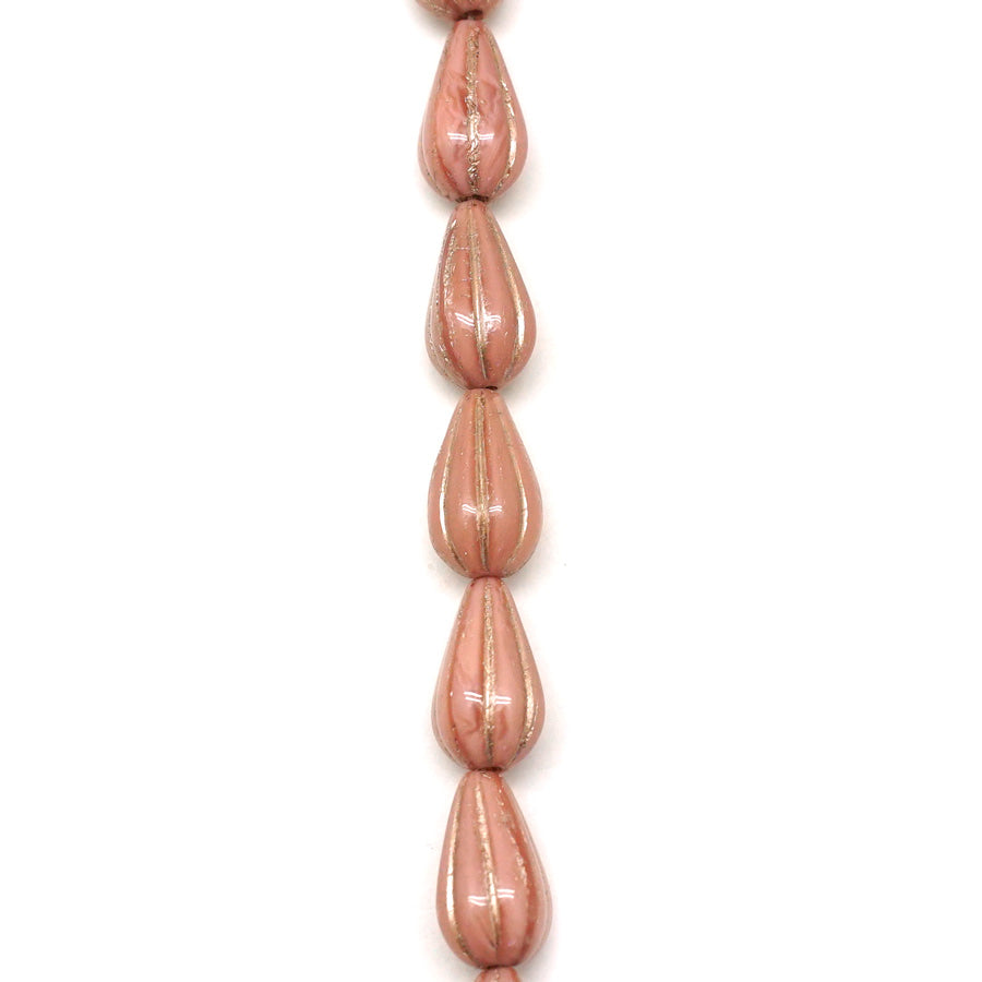 13x8 Pink Silk with Platinum Wash Melon Drop Czech Glass Beads from Raven's Journey - Goody Beads