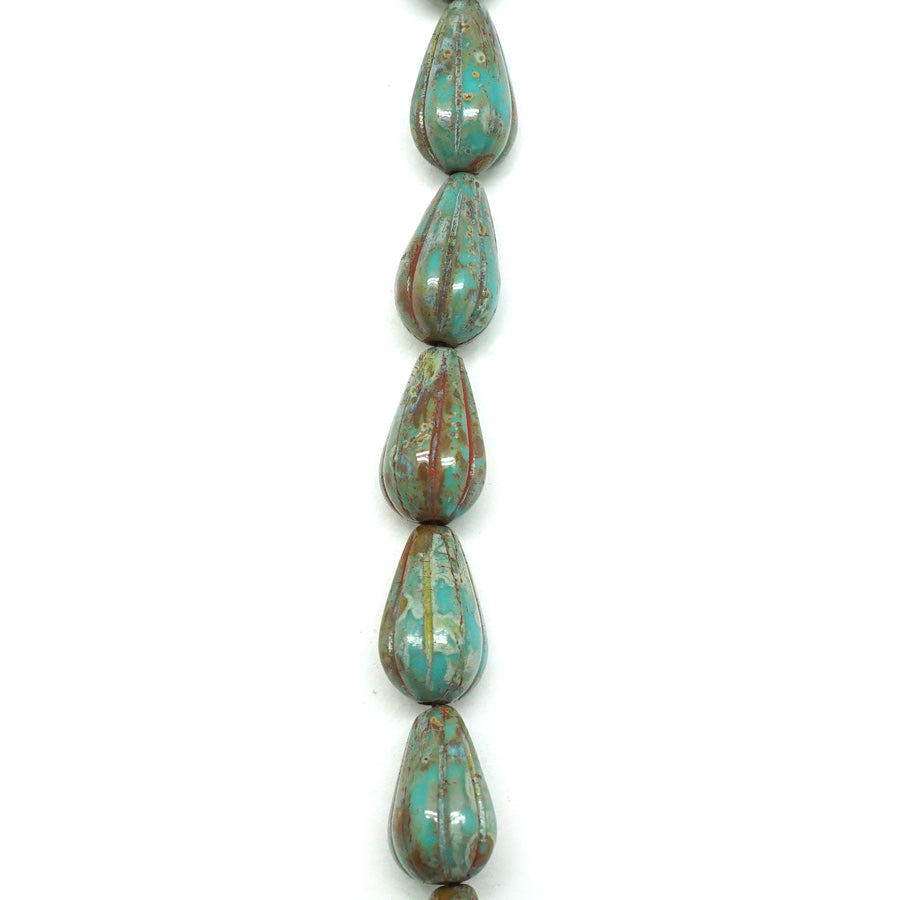 13x8 Teal Turquoise Opaque with Picasso Finish Melon Drop Czech Glass Beads from Raven's Journey - Goody Beads