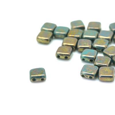 6mm Turquoise Bronze Picasso Two Hole Tile Czech Glass Beads by CzechMates - Goody Beads