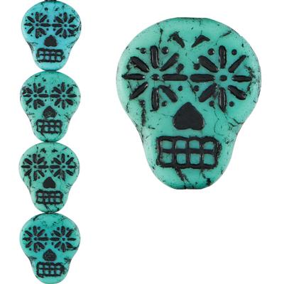 20mm Turquoise Opaque Matte with Black Wash Sugar Skull Czech Glass Beads from Raven's Journey - Goody Beads