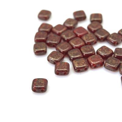 6mm Gold Marbled Ruby Two Hole Tile Czech Glass Beads by CzechMates - Goody Beads