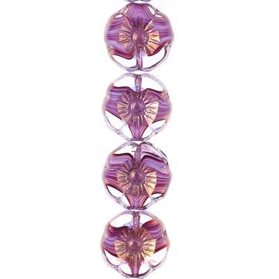 12mm Purple and White Stripe in Crystal Transparent with Bronze Finish Hibiscus Czech Glass Beads from Raven's Journey - Goody Beads