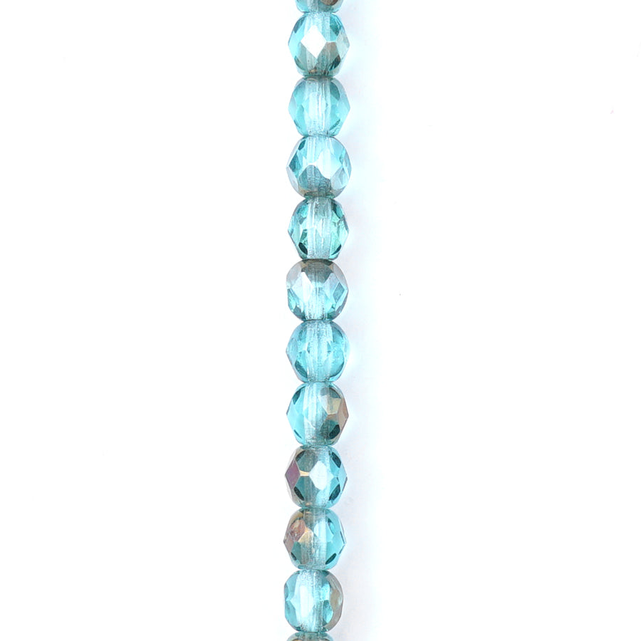 4mm Aqua Blue Transparent with Celsian Finish Round Faceted Czech Glass Beads from Raven's Journey - Goody Beads